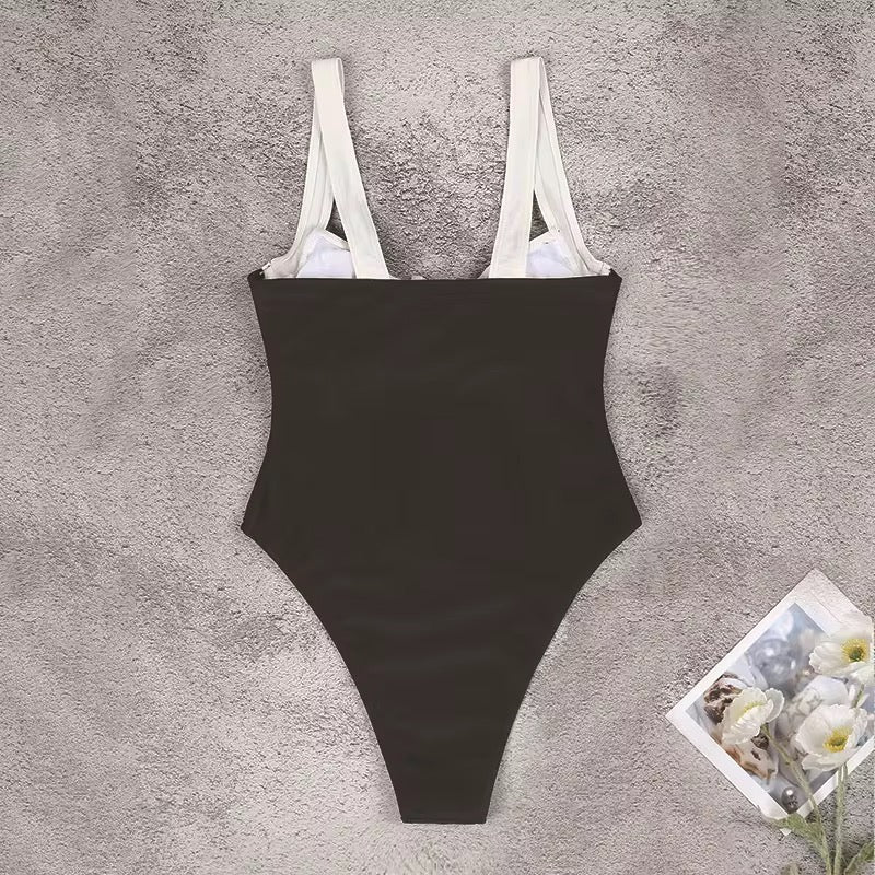 Tailored Elegance One-Piece Black Swimsuit with White Neck Detail