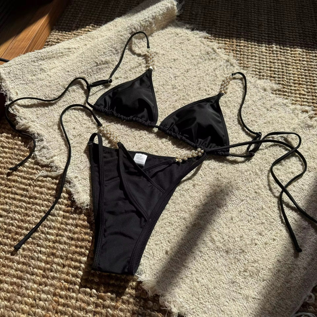 Beaded Noir 2-Piece Black Cut-Out Bikini with Bead Details