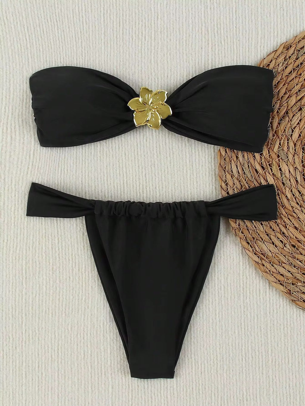 Golden Bloom 2-Piece Black Tube Top Bikini with Gold Flower