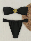 Golden Bloom 2-Piece Black Tube Top Bikini with Gold Flower