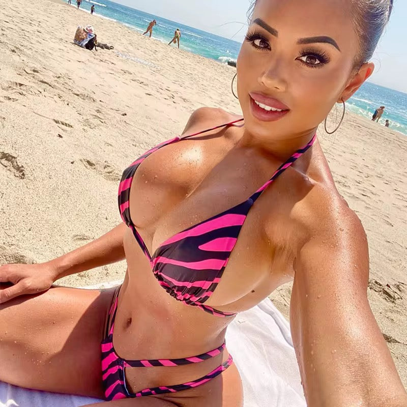 Pink Zebra 2-Piece Thong Bikini with Cut-Out Bottom